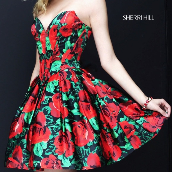 SHERRI HILL Red Floral Dress Mini Strapless Prom Pageant Size 0 Roses Full XS - Picture 1 of 12